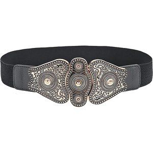 🆕Wide Faux Leather Retro Ornate Buckle Stretch Waist Belt Black